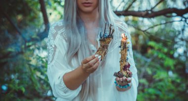 Magic of candles, magical attributes, herbs and flowers, Slavic/ Wicca rituals and esoteric concept