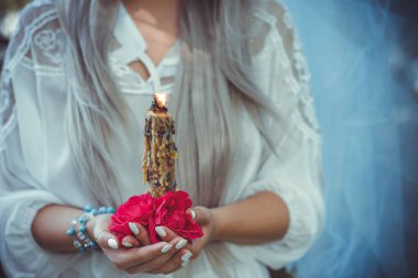 Magic of candles, magical attributes, herbs and flowers, Slavic/ Wicca rituals and esoteric concept