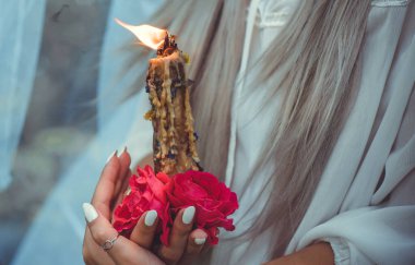 Magic of candles, magical attributes, herbs and flowers, Slavic/ Wicca rituals and esoteric concept