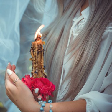 Magic of candles, magical attributes, herbs and flowers, Slavic/ Wicca rituals and esoteric concept