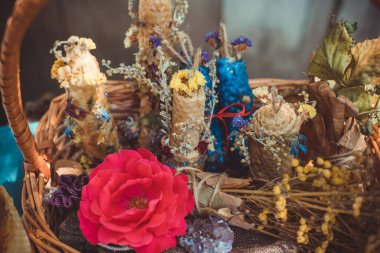 Magic of candles, magical attributes, herbs and flowers, Slavic/ Wicca rituals and esoteric concept
