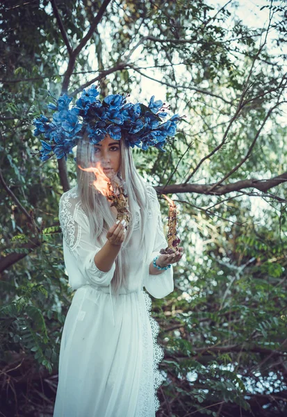 Bride Making Magic Candles Magical Attributes Herbs Flowers Slavic Wicca — Stock Photo, Image