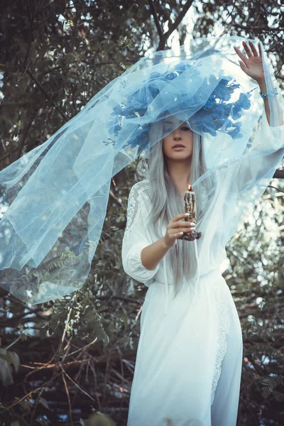 Bride Making Magic Candles Magical Attributes Herbs Flowers Slavic Wicca — Stock Photo, Image