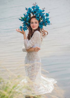 Bride nymph at water, Slavic rituals, pagan magic scene, nature power concept