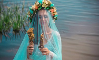Bride nymph at water, Slavic rituals, pagan magic scene, nature power concept