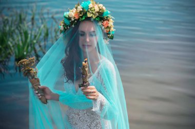 Bride nymph at water, Slavic rituals, pagan magic scene, nature power concept