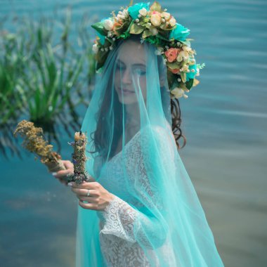 Bride nymph at water, Slavic rituals, pagan magic scene, nature power concept