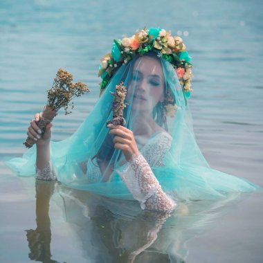Bride nymph at water, Slavic rituals, pagan magic scene, nature power concept