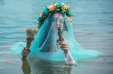 Bride nymph at water, Slavic rituals, pagan magic scene, nature power concept