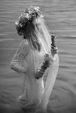 Bride nymph at water, Slavic rituals, pagan magic scene, nature power concept
