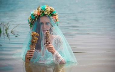 Bride nymph at water, Slavic rituals, pagan magic scene, nature power concept