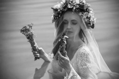 Bride nymph at water, Slavic rituals, pagan magic scene, nature power concept