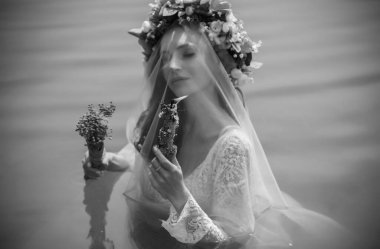 Bride nymph at water, Slavic rituals, pagan magic scene, nature power concept