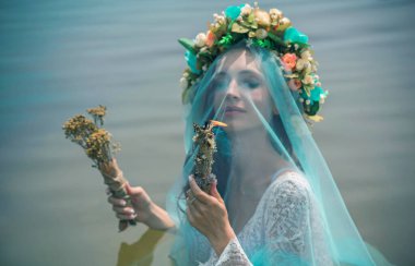 Bride nymph at water, Slavic rituals, pagan magic scene, nature power concept