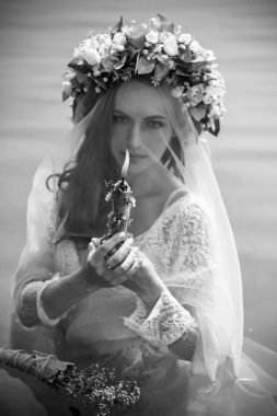 Bride nymph at water, Slavic rituals, pagan magic scene, nature power concept