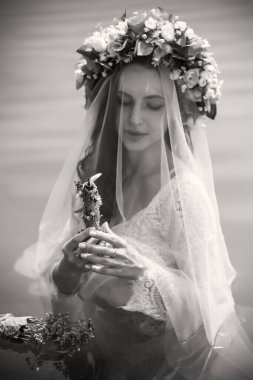 Bride nymph at water, Slavic rituals, pagan magic scene, nature power concept