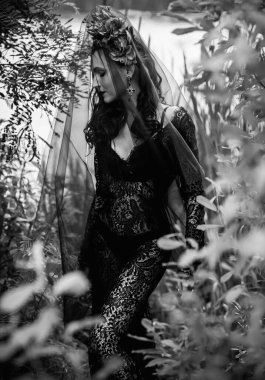 Black bride at water, Slavic rituals, pagan magic scene, old magic power concept