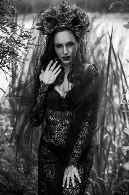 Black bride at water, Slavic rituals, pagan magic scene, old magic power concept