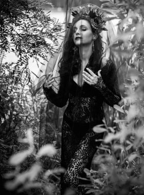 Black bride at water, Slavic rituals, pagan magic scene, old magic power concept