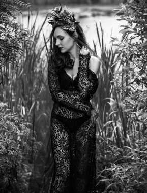 Black bride at water, Slavic rituals, pagan magic scene, old magic power concept