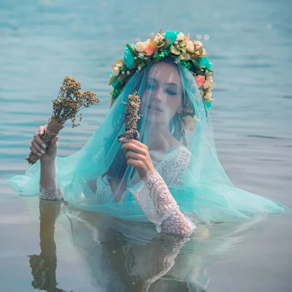 Bride nymph at water, Slavic rituals, pagan magic scene, nature power concept