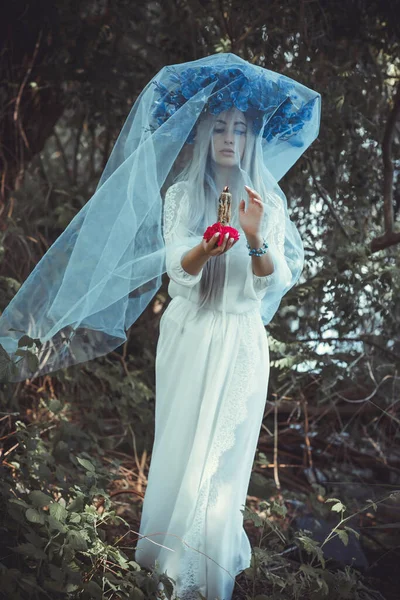 Gyönyörű Lány Virágkoszorúban Erdőben Egy Fiatal Gyönyörű Portréja Fehér Menyasszonyi — Stock Fotó