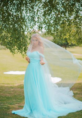 Turkuaz elbiseli zarif Avrupalı gelin, süslü gelinlik koleksiyonu, düğün elbisesi