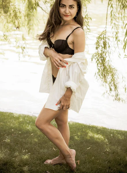 Beautiful Sexy Modern Hispanic Girl Lingerie Clothes Beautiful Figure Long — Stock Photo, Image