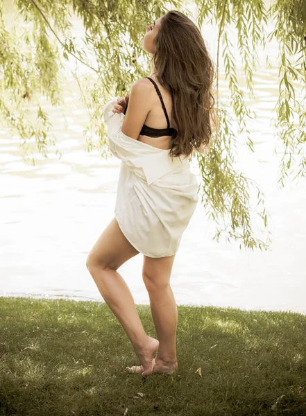 Krásná Sexy Moderní Hispánská Dívka Spodním Prádle Oblečení Krásná Postava — Stock fotografie