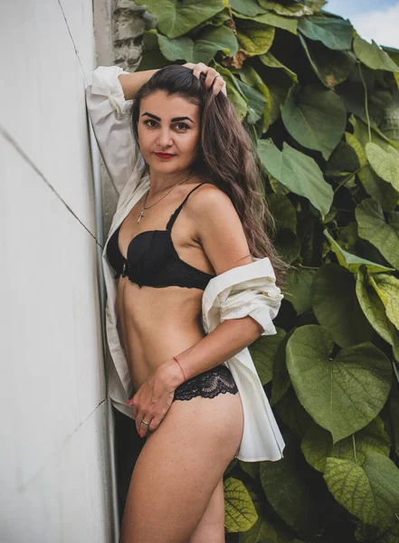 Menina Hispânica Moderna Sexy Bonita Uma Lingerie Roupas Figura Bonita — Fotografia de Stock