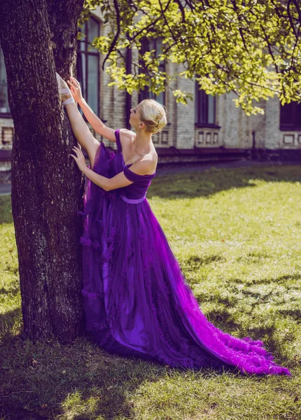 발레리나는 빈티지 춤추는 여인의 이미지 보라색 이브닝 드레스를 여자는 다움을 — 스톡 사진