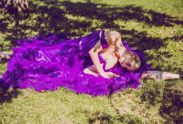 ヴィンテージルックの若いバレリーナ バレエダンサーガール 踊る女のイメージ 紫のイブニングドレスの女性は女性らしさを証明した 古典的振付様式 — ストック写真
