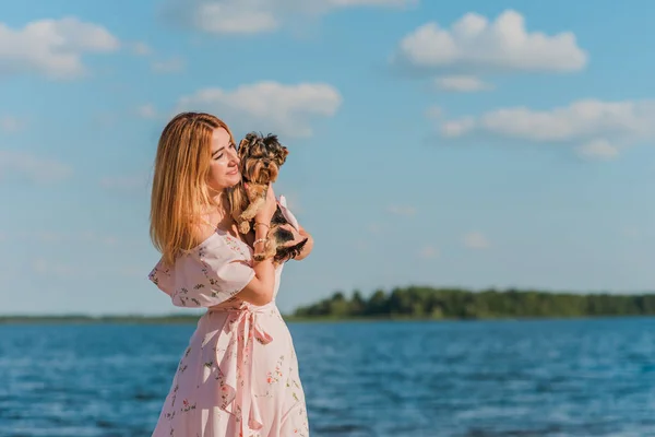 Kobieta Trochę Modny Luksus Yorkshire Terrier Pies Spacerze Styl Życia — Zdjęcie stockowe