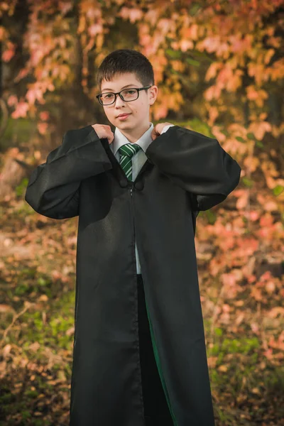 Halloween party ideas, people outfit. Boy from school of wizards and magic