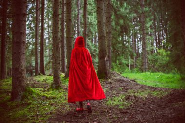Cadılar Bayramı kavramı. Küçük kırmızı başlıklı güzel ve basit bir kostüm. Sisli ormandaki gizemli kukuletalı figür. Kırmızı yağmurluklu kız. Kostümlü Masal Kırmızı Başlıklı Kız