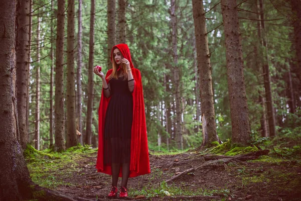 ハロウィンの概念 小さな赤いフードの美しくシンプルな衣装 霧の森の中の謎のフードフィギュア 赤いレインコートの女の子 コスプレフェアリー物語小さな赤い乗馬フード — ストック写真