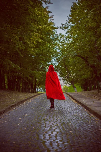 Concepto Halloween Hermoso Sencillo Disfraz Capucha Roja Misteriosa Figura Encapuchada — Foto de Stock