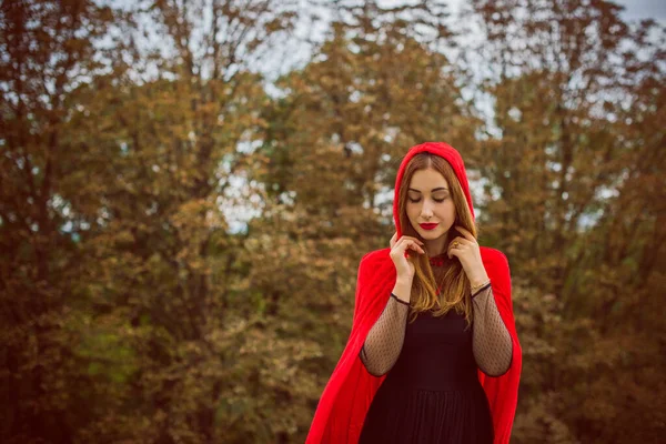 Concepto Halloween Hermoso Sencillo Disfraz Capucha Roja Misteriosa Figura Encapuchada — Foto de Stock