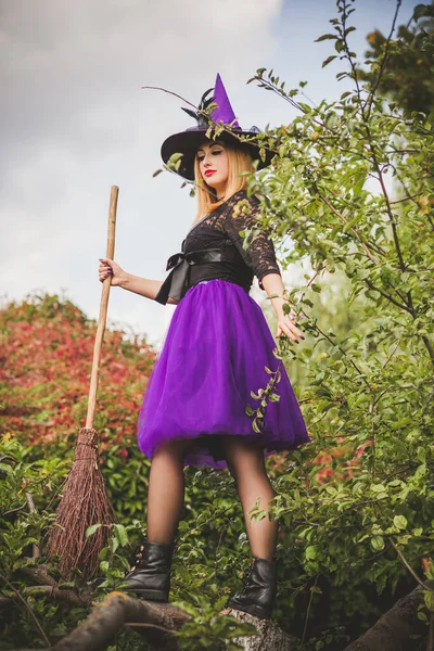 Halloween Dovolená Čarodějnice Lady Mystické Atmosféře Dýní Venku Slavit Podzim — Stock fotografie