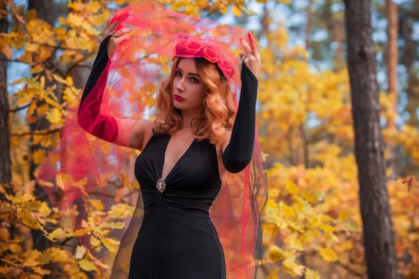 Temps Magique Mariée Automne Avec Voile Rouge Costume Idées Fête — Photo