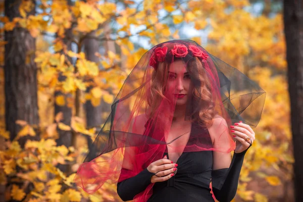 Tempo Mágico Noiva Outono Com Véu Vermelho Fantasia Ideias Para — Fotografia de Stock