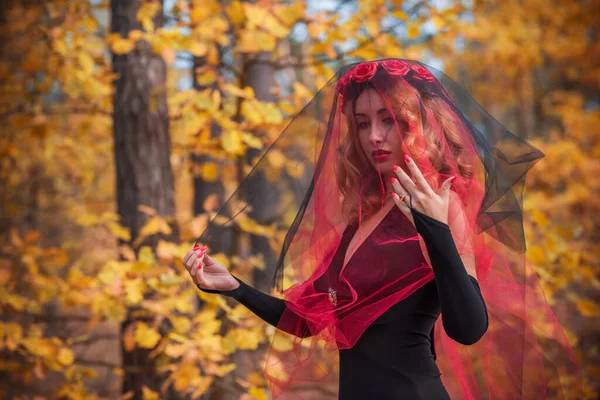 Temps Magique Mariée Automne Avec Voile Rouge Costume Idées Fête — Photo