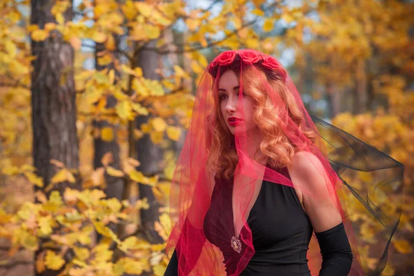 Tempo Mágico Noiva Outono Com Véu Vermelho Fantasia Ideias Para — Fotografia de Stock