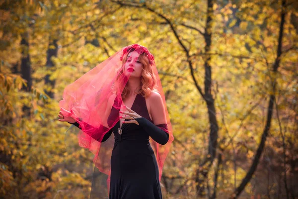 Kouzelný Čas Podzimní Nevěsto Červeným Závojem Kostým Nápady Párty Dámské — Stock fotografie