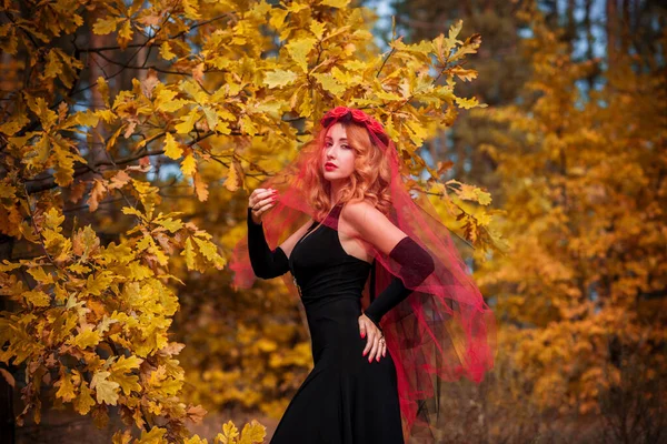 Temps Magique Mariée Automne Avec Voile Rouge Costume Idées Fête — Photo