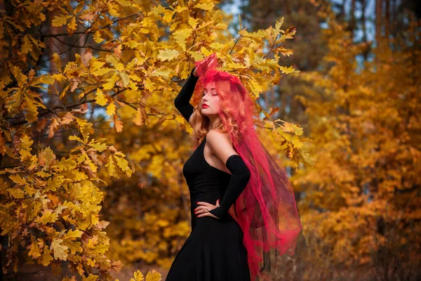 Magical Time Autumn Bride Red Veil Costume Ideas Party Lady — Stock Photo, Image