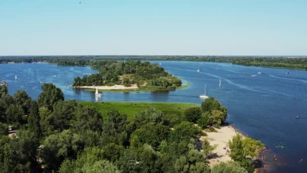 Beautiful Aerial View Dnipro River Sailboats Summer Water Activity River — Stock Video