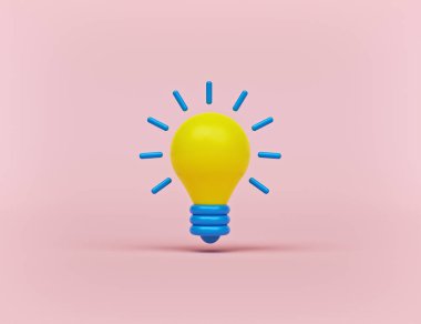 karikatür stili minimum ampul simgesi, pastel pembe arkaplanda izole edilmiş sembol. Fikir kavramı, Çözüm. 3d oluşturma