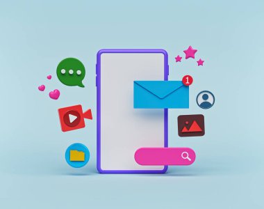 Akıllı telefonlu modern sosyal ağ simgeleri. Sosyal medya reklamcılığı ve pazarlaması için soyut renkli tasarım. Teknoloji konsepti 3d oluşturma