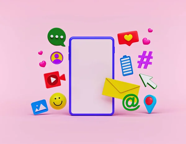 modern social network Icons with a smartphone. abstract trendy colorful design for social media advertising and marketing. technology concept. 3d rendering